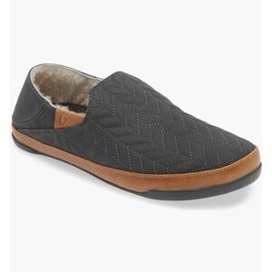 OluKai Black and Brown Quilted Slip-On Loafers